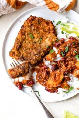 Air Fryer Breaded Cubed Steak with rice and beans