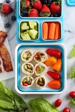 These easy BLT Roll Ups with Turkey and Avocado are delicious and perfect for school lunch.