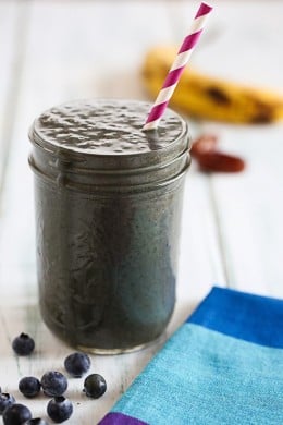 Black is the new green! The dark color of this smoothie is from antioxidant rich blueberries and kale added with almond milk, peanut butter, ripe banana, dates.