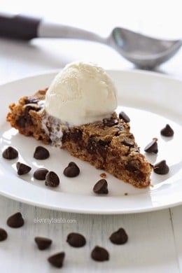 This deep dish chocolate chip cookie pie is secretly good for you, but don't tell anyone! You won't believe it's made with beans, dates and oats! And because it's made with such wholesome ingredients, it's very filling.