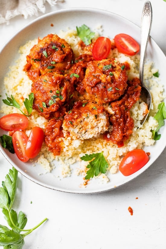 Harissa Chicken Meatballs with couscous.