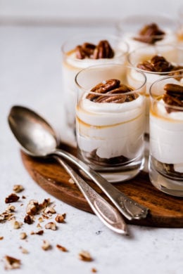 Sticking with my philosophy of eating smaller portions, I love to make desserts in shot glasses like these Maple Pecan Cheesecake Shooters!