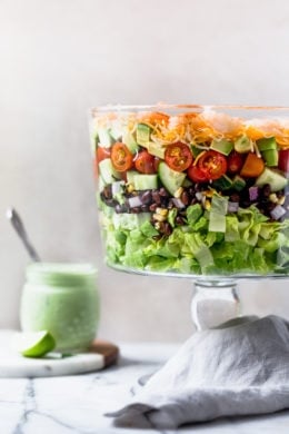 Mexican Shrimp Cobb Salad in a trifle dish.