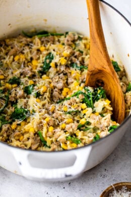 Orzo with Italian Sausage, Corn and Spinach