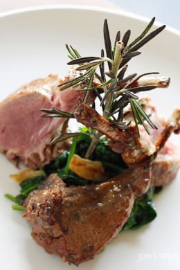 Lamb chops marinated with a glaze of Dijon mustard, garlic, balsamic vinegar and herbs served over a bed of wilted baby spinach in garlic and oil. This is so good you'll be licking the bones clean!