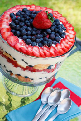 A heavenly mixed berry trifle made with summer fresh blueberries, strawberries, white chocolate pudding, angle foods cake and whipped cream.