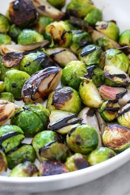 These pan roasted brussels sprouts and shallots are perfectly charred, and finished with a sweet balsamic glaze.