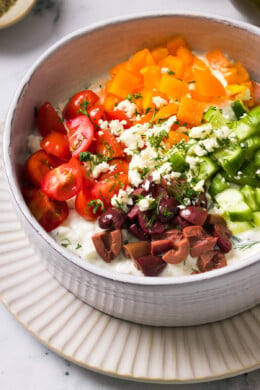 Cottage Cheese with cucumbers, tomatoes, bell peppers and olives