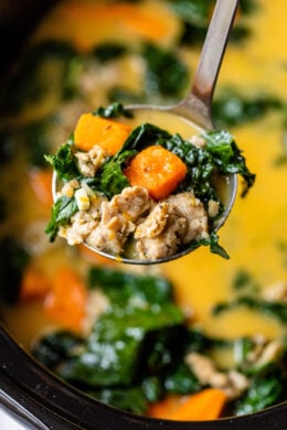 Slow Cooker Creamy Sausage, Kale, Sweet Potato Soup