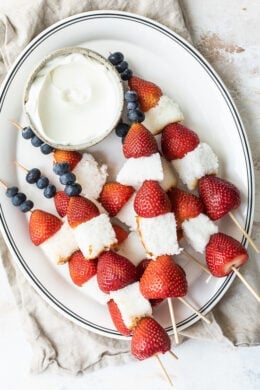 Red White and Blue Fruit Skewers with Cheesecake Yogurt Dip