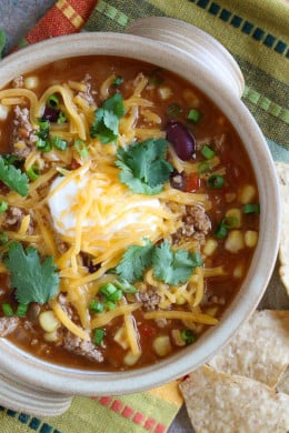 This quick and easy Turkey Chili Taco Soup, filled with beans, tomatoes and corn is one of my favorite soups for lunch! It takes just 20 minutes to cook but it tastes like it was simmering for hours!